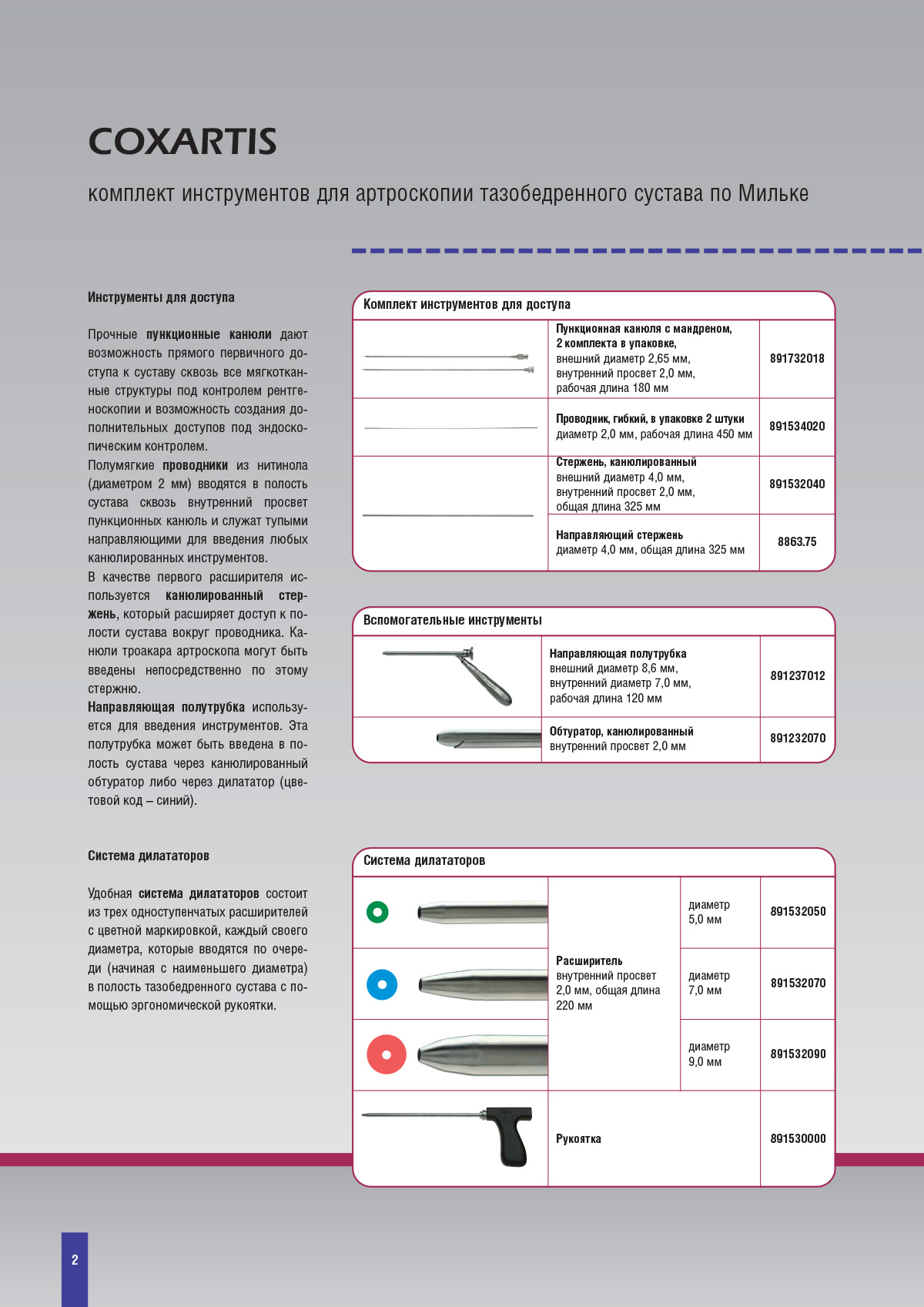 COXARTIS комплект инструментов для артроскопии тазобедренного сустава по Мильке